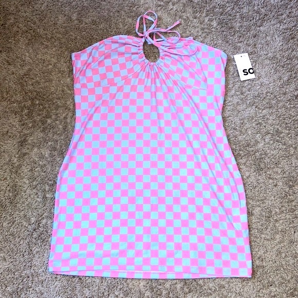 NWT!!👗Juniors XL Bodycon Cross Rib Halter Mini Pink/Blue Checkered Dress - Picture 2 of 7